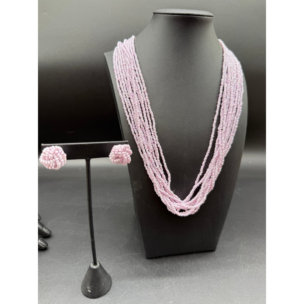 Vintage Lavender Seed Bead Necklace and Earrings Set Multi‎ Strand
